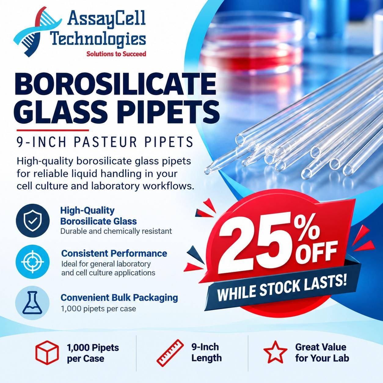 9 inch Glass Pipets 25% Off ACT